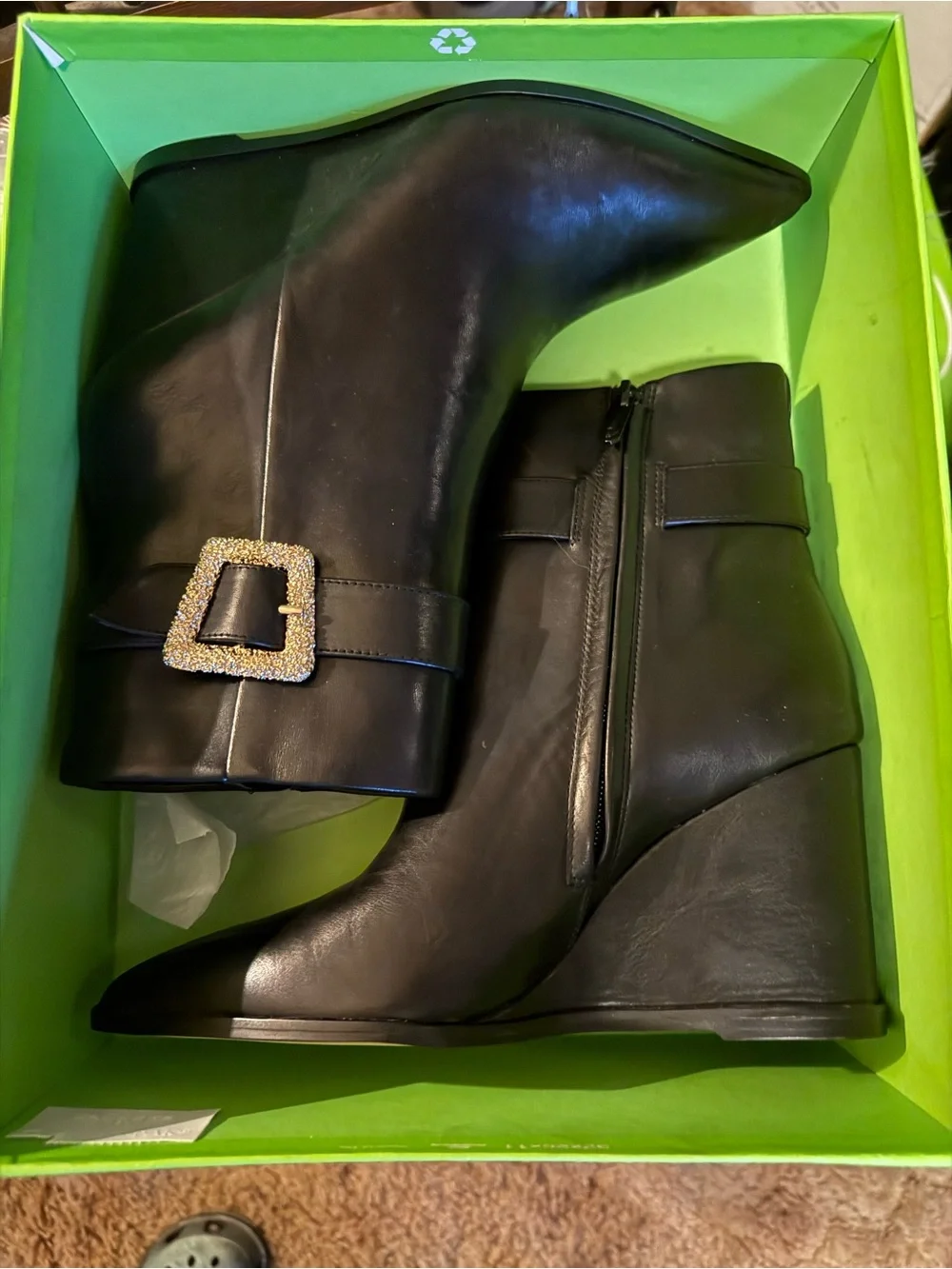 SAM EDELMAN Black Leather Wedge Ankle Boots with Decorative Buckle - Women NWT